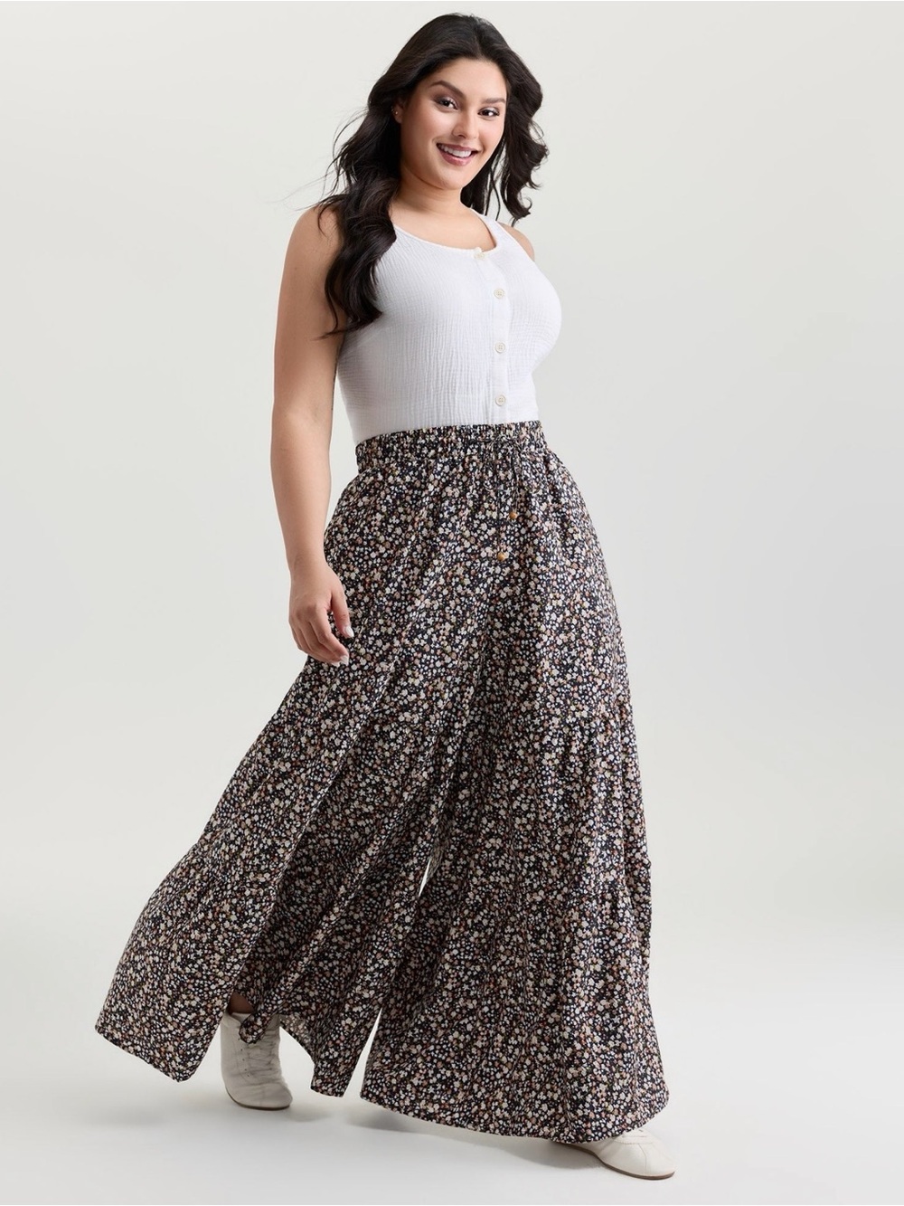 Micro Floral Print Wide Waistband Pants